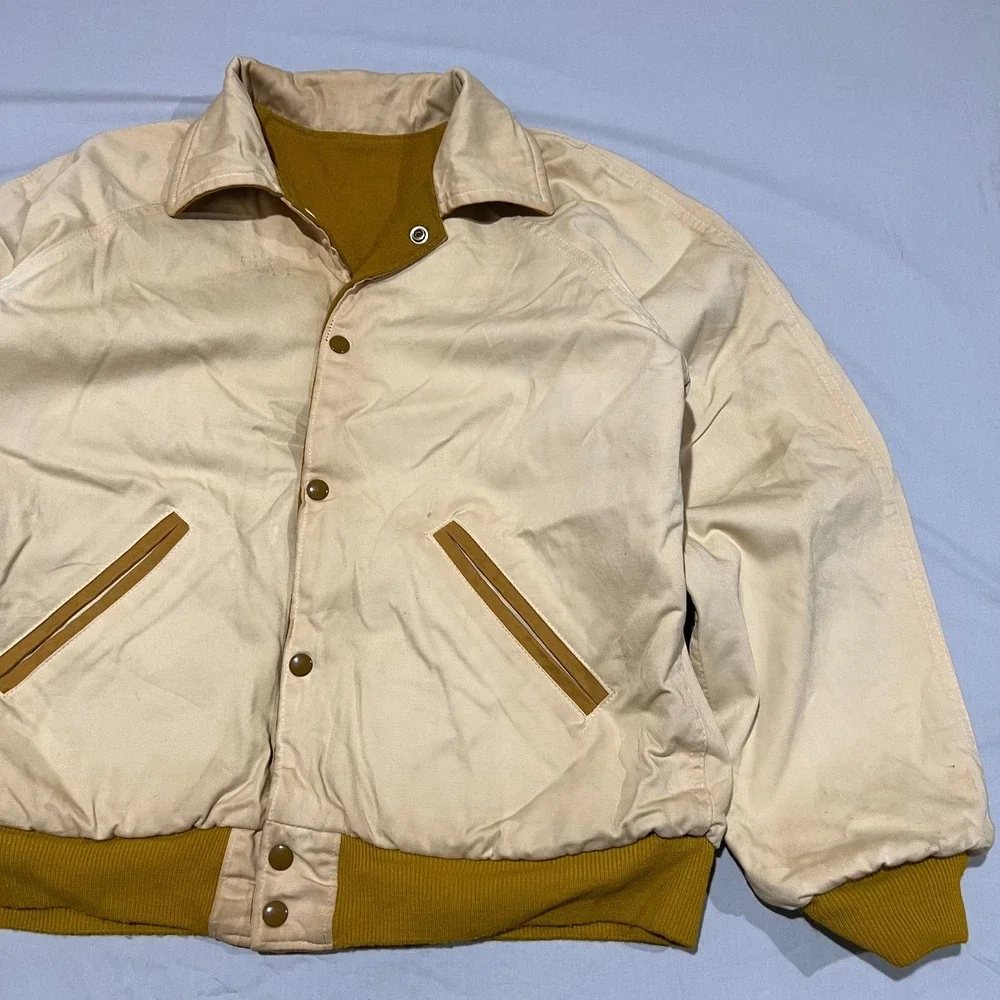 VTG 60s Mens Camel & Cream Two Tone Speedline Reversible Stadium Bomber Jacket